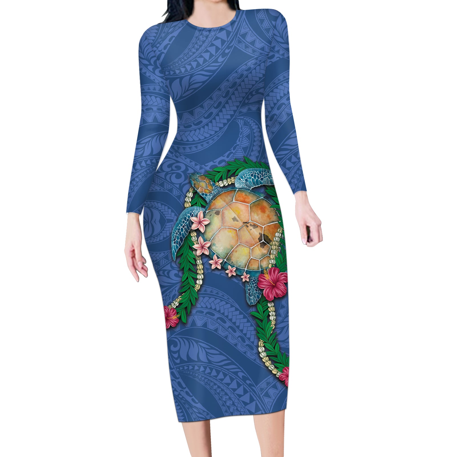 Hawaii Pikake and Maile Lei Long Sleeve Bodycon Dress Honu Polynesian Pattern Blue Color