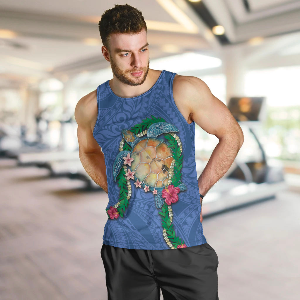 Hawaii Pikake and Maile Lei Men Tank Top Honu Polynesian Pattern Blue Color LT03 Blue - Polynesian Pride