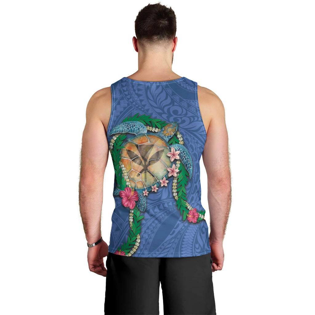 Hawaii Pikake and Maile Lei Men Tank Top Honu Polynesian Pattern Blue Color LT03 - Polynesian Pride