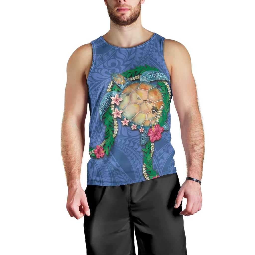 Hawaii Pikake and Maile Lei Men Tank Top Honu Polynesian Pattern Blue Color LT03 - Polynesian Pride
