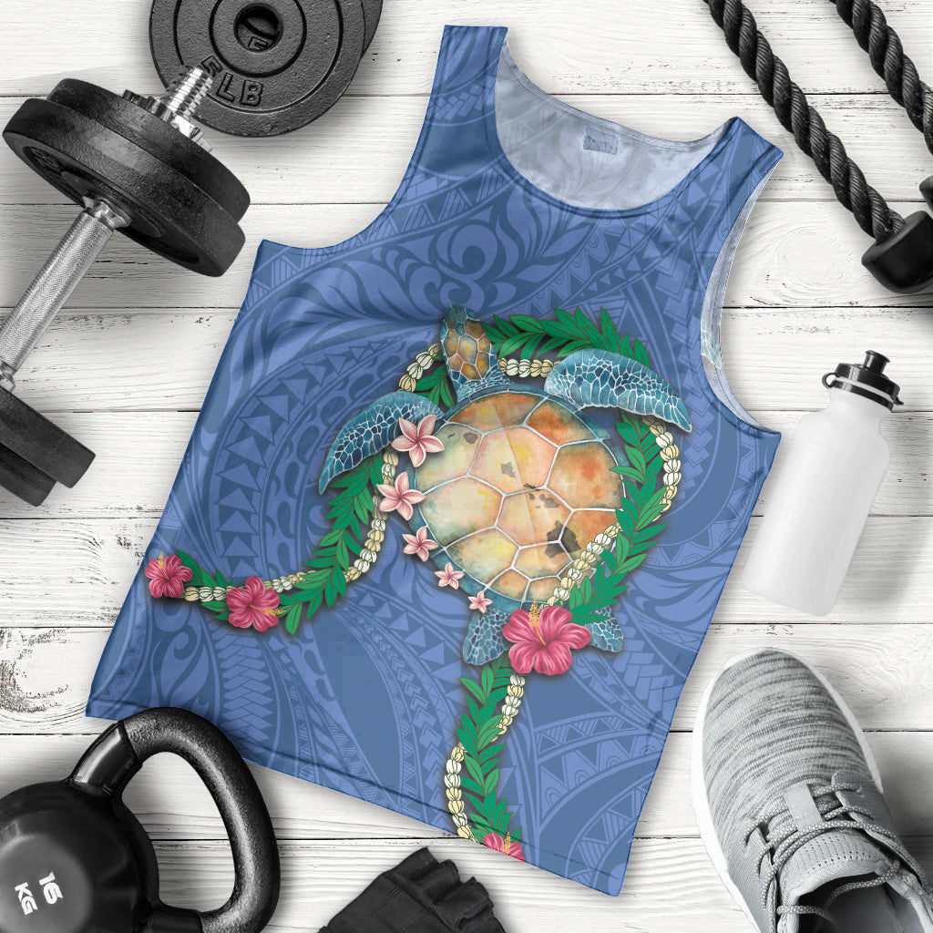Hawaii Pikake and Maile Lei Men Tank Top Honu Polynesian Pattern Blue Color LT03 - Polynesian Pride