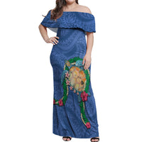 Hawaii Pikake and Maile Lei Off Shoulder Maxi Dress Honu Polynesian Pattern Blue Color LT03 Women Blue - Polynesian Pride