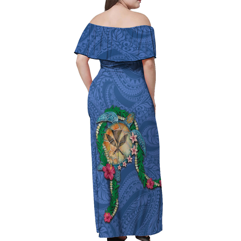 Hawaii Pikake and Maile Lei Off Shoulder Maxi Dress Honu Polynesian Pattern Blue Color LT03 - Polynesian Pride