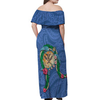 Hawaii Pikake and Maile Lei Off Shoulder Maxi Dress Honu Polynesian Pattern Blue Color LT03 - Polynesian Pride