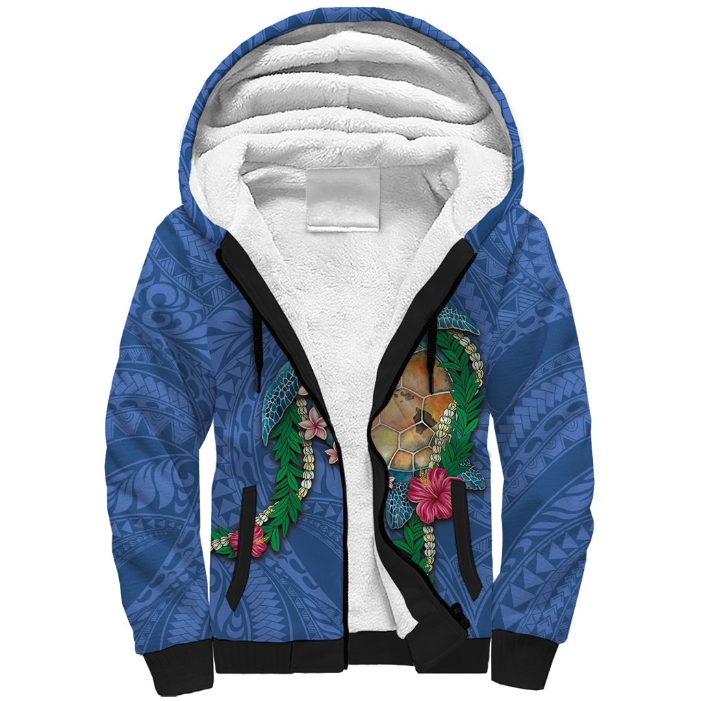 Hawaii Pikake and Maile Lei Sherpa Hoodie Honu Polynesian Pattern Blue Color LT03 Unisex Blue - Polynesian Pride