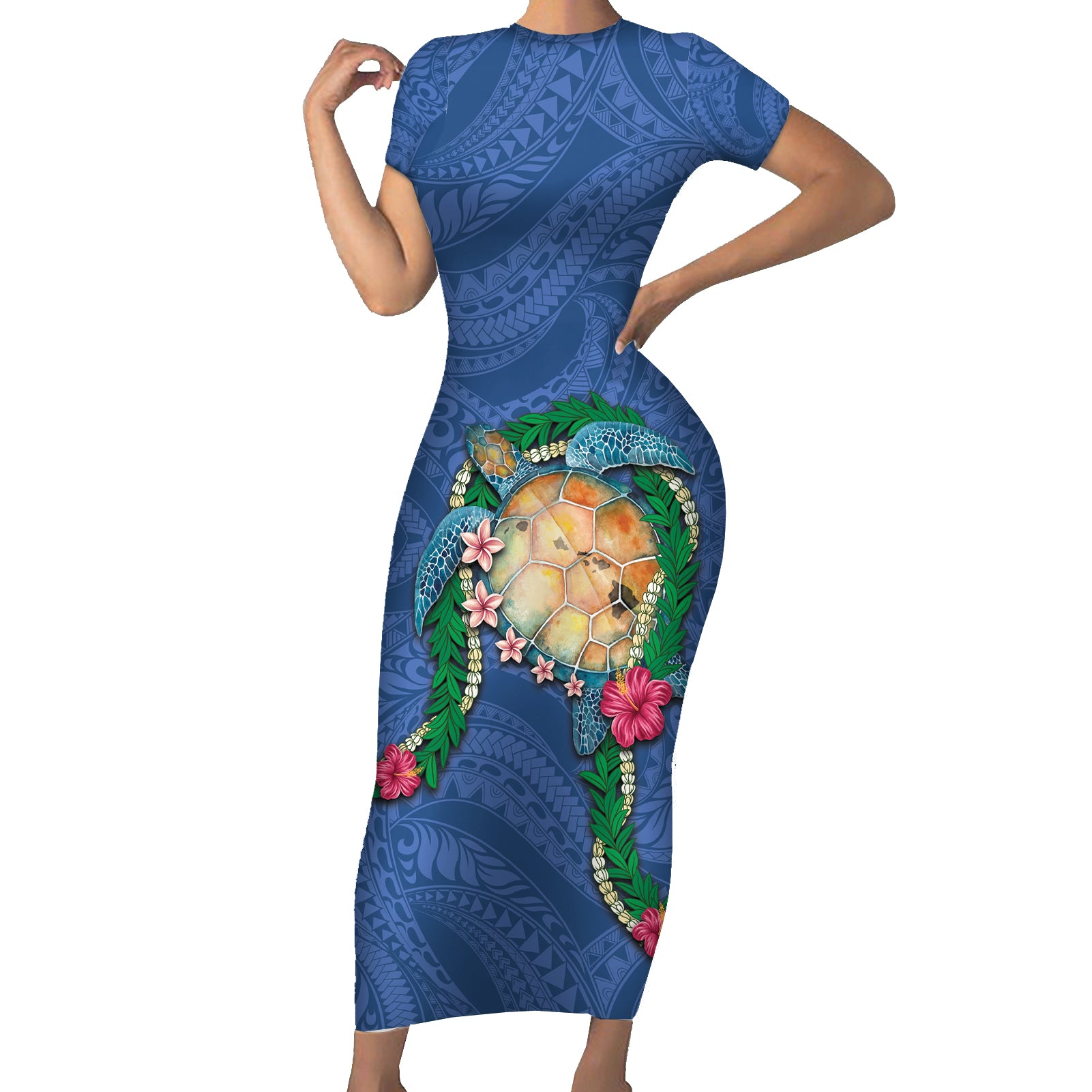 Hawaii Pikake and Maile Lei Short Sleeve Bodycon Dress Honu Polynesian Pattern Blue Color