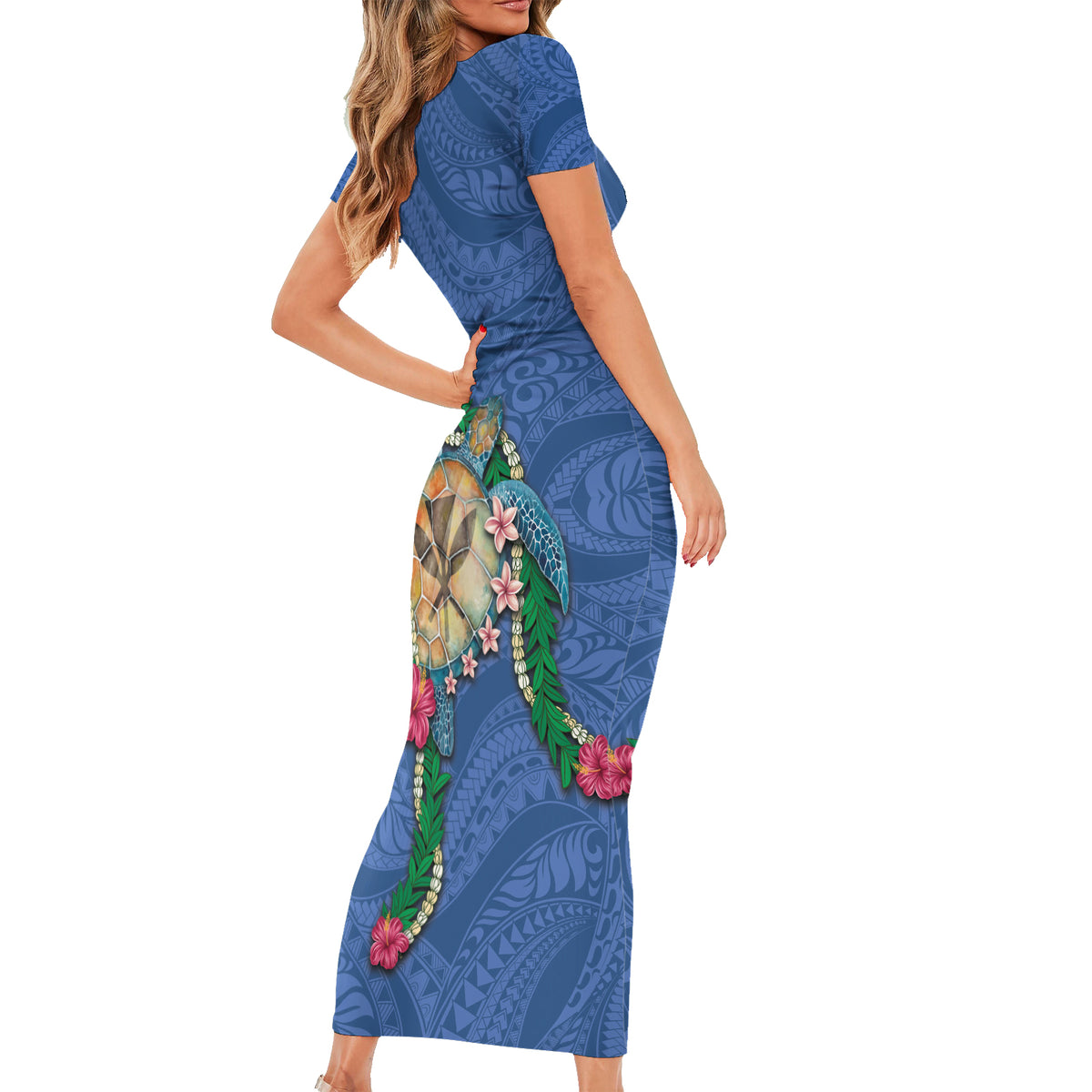 Hawaii Pikake and Maile Lei Short Sleeve Bodycon Dress Honu Polynesian Pattern Blue Color