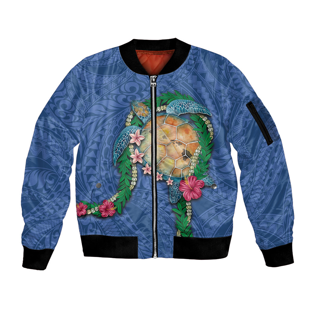 Hawaii Pikake and Maile Lei Sleeve Zip Bomber Jacket Honu Polynesian Pattern Blue Color LT03 Unisex Blue - Polynesian Pride