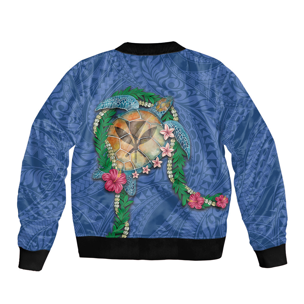 Hawaii Pikake and Maile Lei Sleeve Zip Bomber Jacket Honu Polynesian Pattern Blue Color LT03 - Polynesian Pride