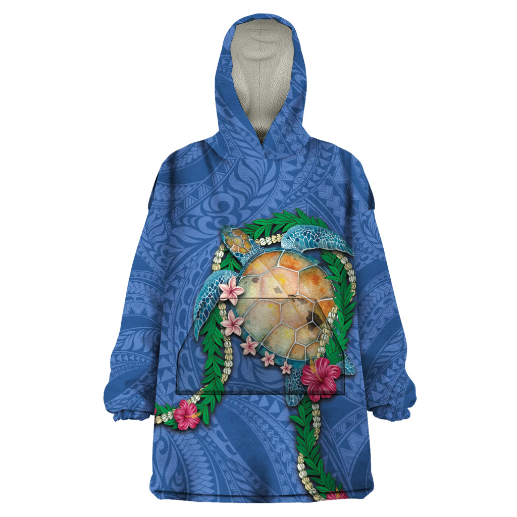 Hawaii Pikake and Maile Lei Wearable Blanket Hoodie Honu Polynesian Pattern Blue Color LT03 One Size Blue - Polynesian Pride