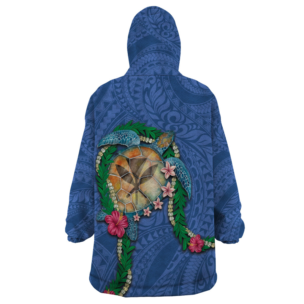 Hawaii Pikake and Maile Lei Wearable Blanket Hoodie Honu Polynesian Pattern Blue Color LT03 - Polynesian Pride