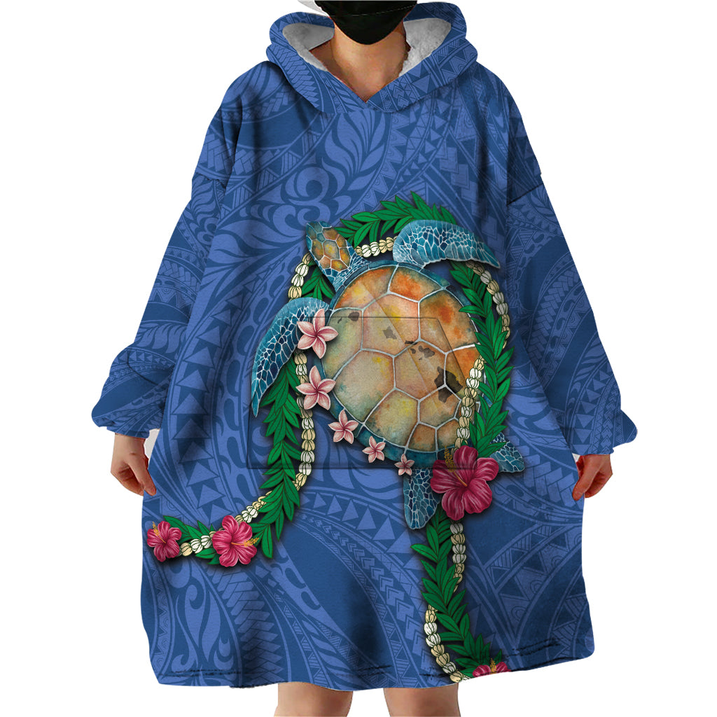 Hawaii Pikake and Maile Lei Wearable Blanket Hoodie Honu Polynesian Pattern Blue Color LT03 - Polynesian Pride