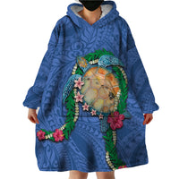 Hawaii Pikake and Maile Lei Wearable Blanket Hoodie Honu Polynesian Pattern Blue Color LT03 - Polynesian Pride