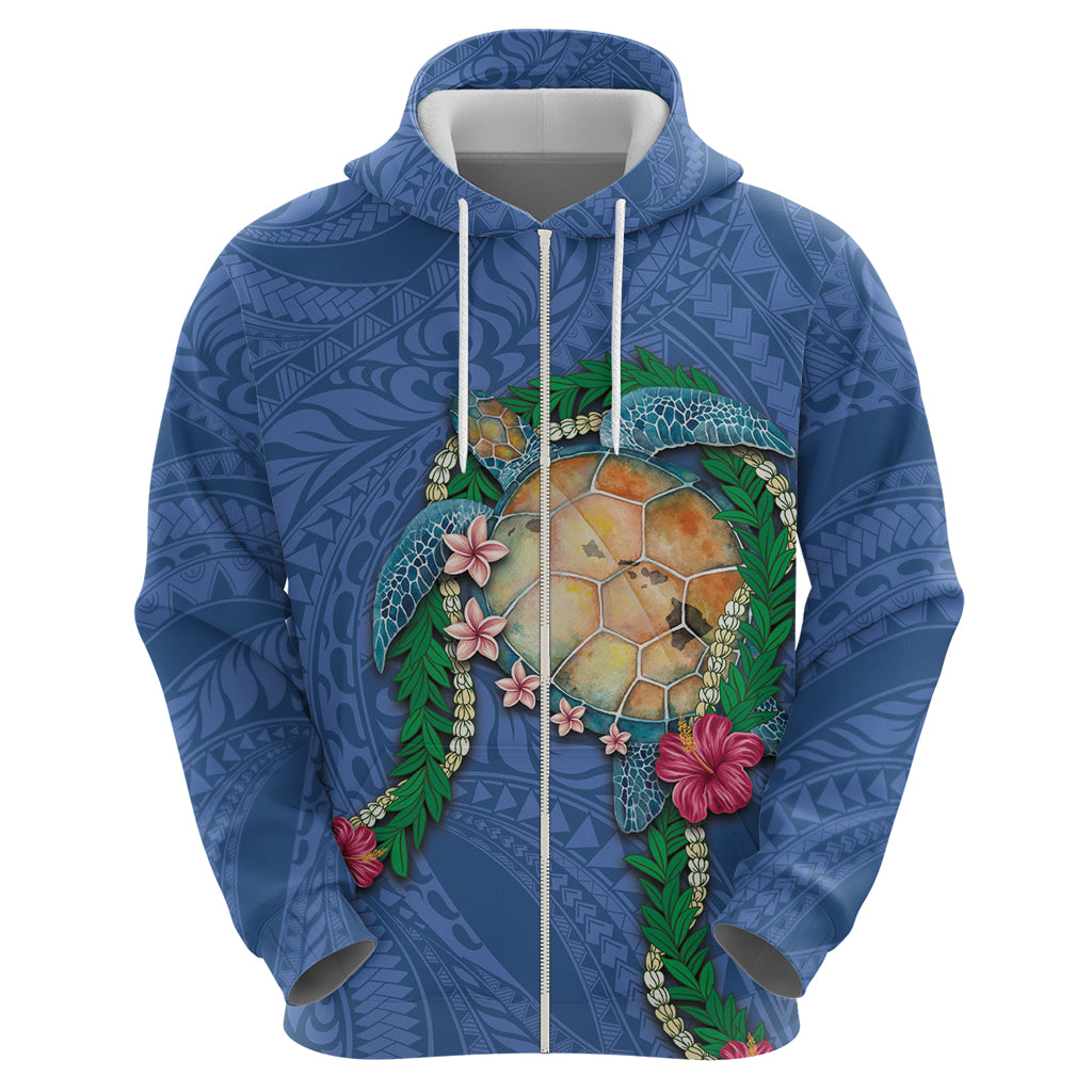 Hawaii Pikake and Maile Lei Zip Hoodie Honu Polynesian Pattern Blue Color