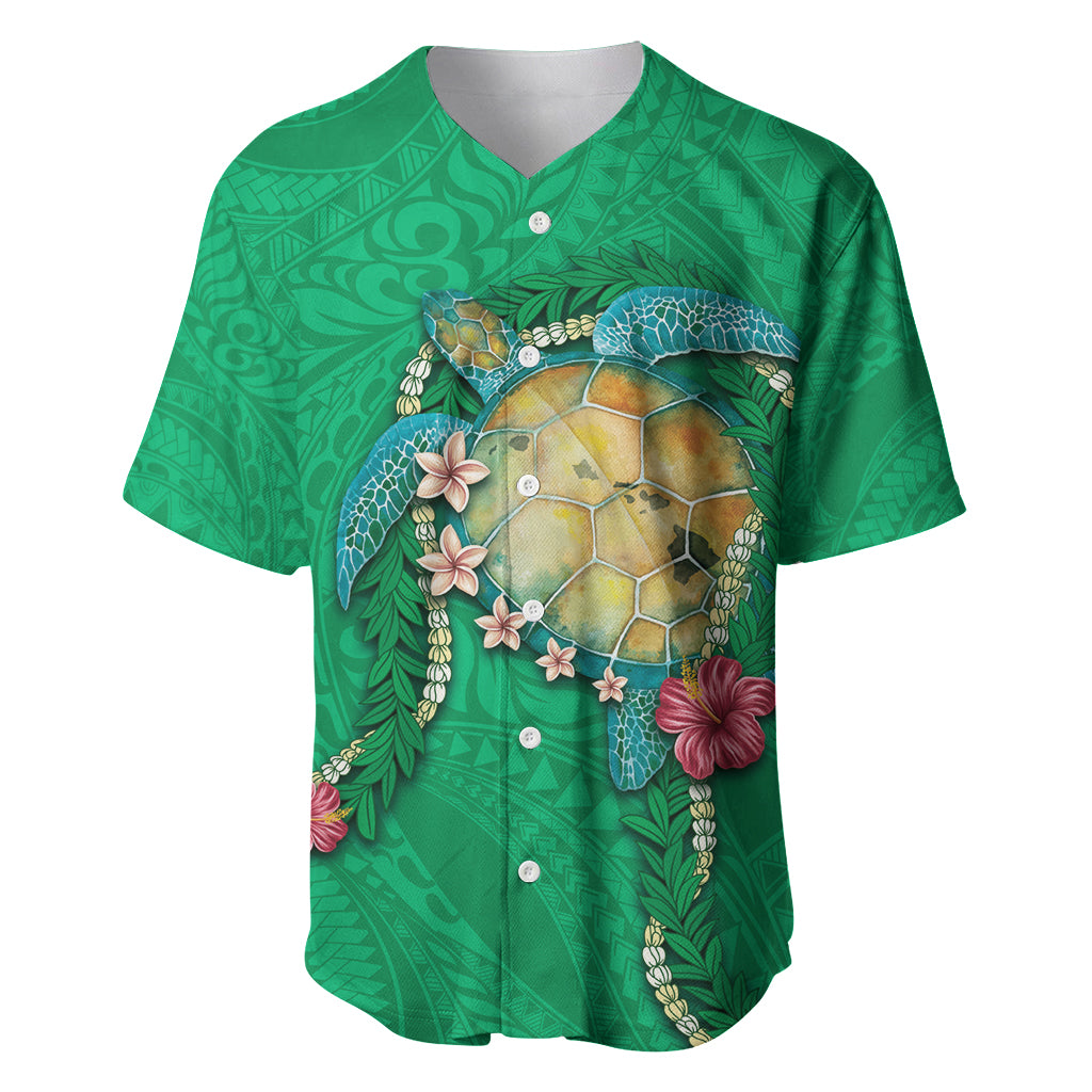 Hawaii Pikake and Maile Lei Baseball Jersey Honu Polynesian Pattern Green Color