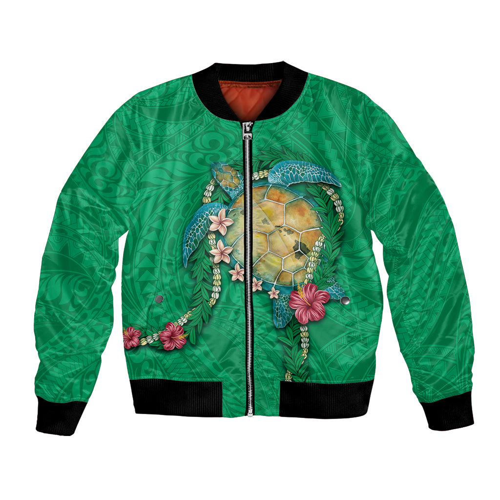 Hawaii Pikake and Maile Lei Bomber Jacket Honu Polynesian Pattern Green Color LT03 Unisex Green - Polynesian Pride