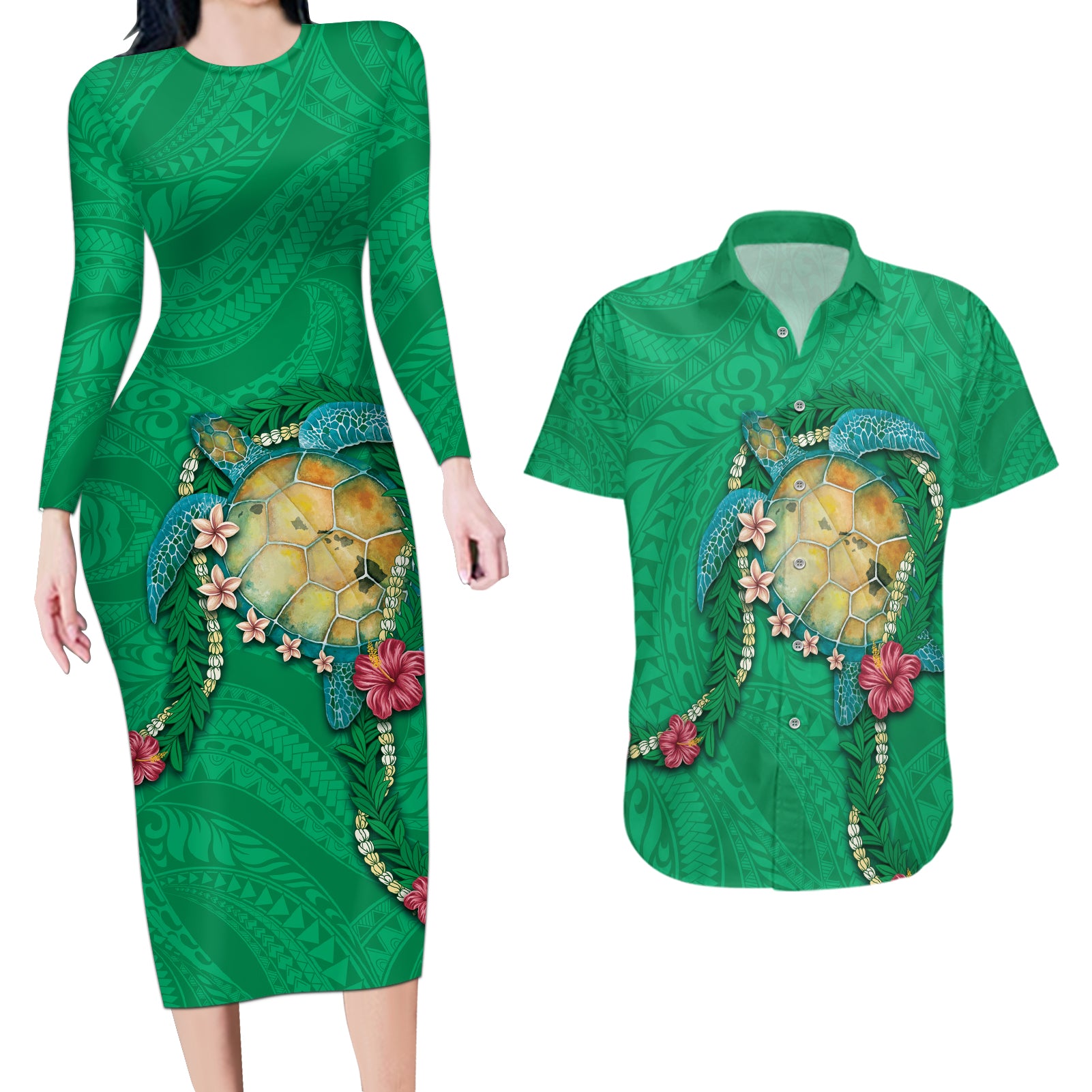 Hawaii Pikake and Maile Lei Couples Matching Long Sleeve Bodycon Dress and Hawaiian Shirt Honu Polynesian Pattern Green Color