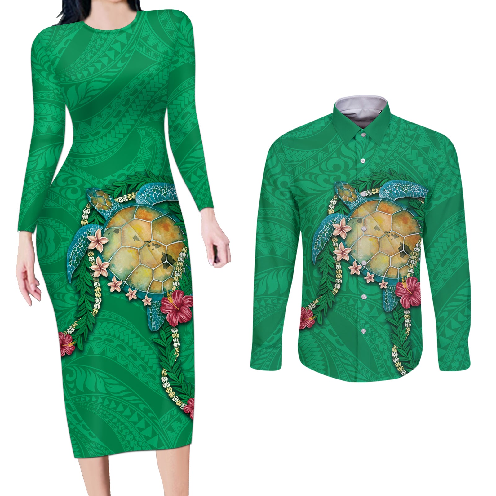 Hawaii Pikake and Maile Lei Couples Matching Long Sleeve Bodycon Dress and Long Sleeve Button Shirt Honu Polynesian Pattern Green Color LT03 Green - Polynesian Pride