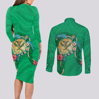Hawaii Pikake and Maile Lei Couples Matching Long Sleeve Bodycon Dress and Long Sleeve Button Shirt Honu Polynesian Pattern Green Color LT03 - Polynesian Pride