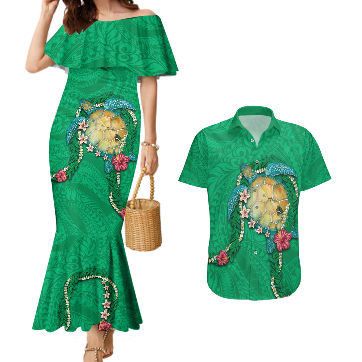 Hawaii Pikake and Maile Lei Couples Matching Mermaid Dress and Hawaiian Shirt Honu Polynesian Pattern Green Color