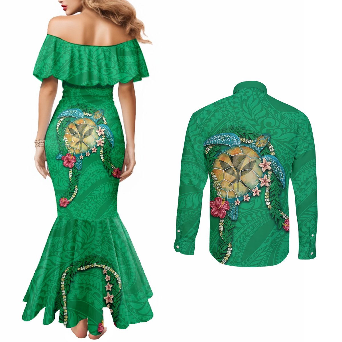 Hawaii Pikake and Maile Lei Couples Matching Mermaid Dress and Long Sleeve Button Shirt Honu Polynesian Pattern Green Color LT03 - Polynesian Pride