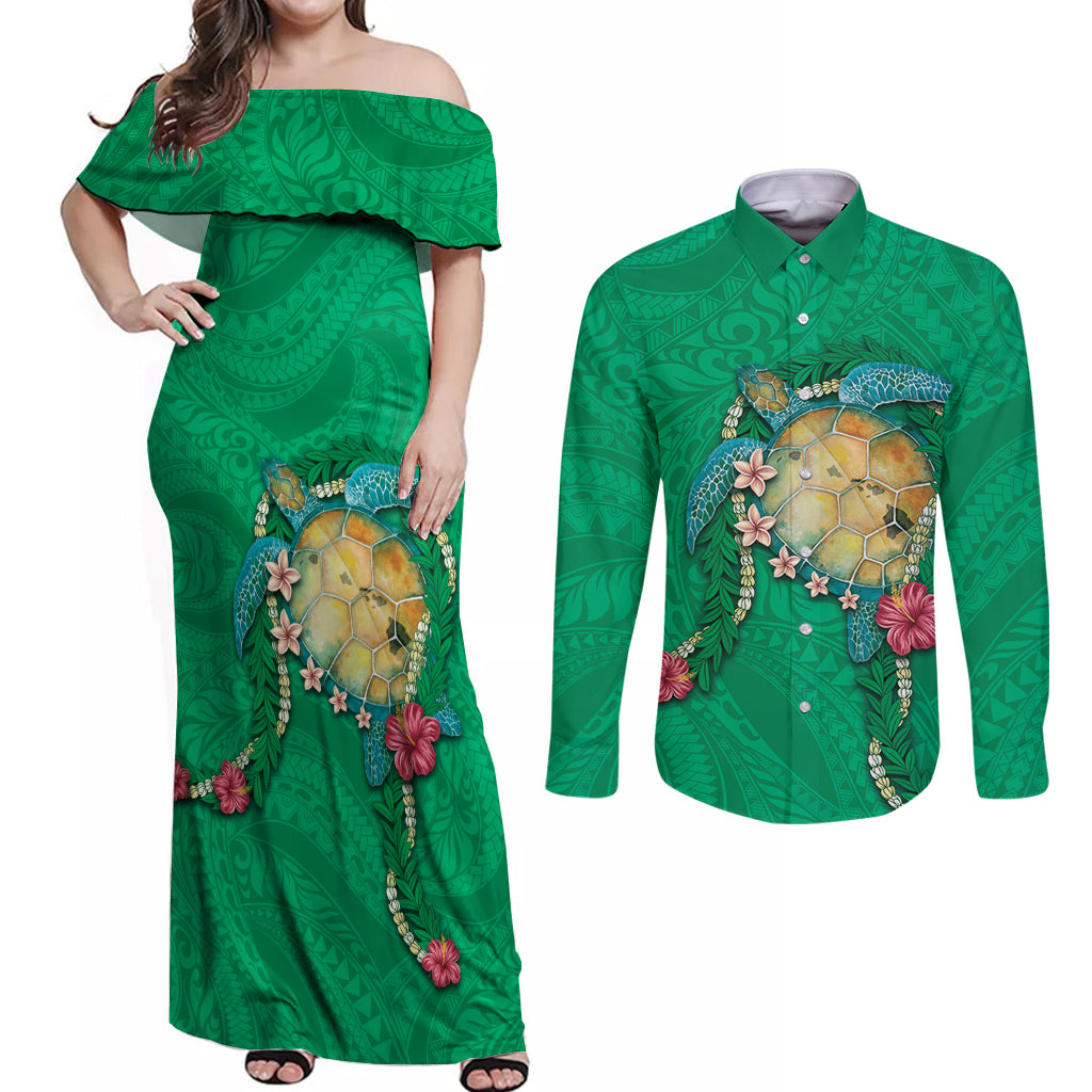 Hawaii Pikake and Maile Lei Couples Matching Off Shoulder Maxi Dress and Long Sleeve Button Shirt Honu Polynesian Pattern Green Color LT03 Green - Polynesian Pride