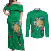 Hawaii Pikake and Maile Lei Couples Matching Off Shoulder Maxi Dress and Long Sleeve Button Shirt Honu Polynesian Pattern Green Color LT03 Green - Polynesian Pride