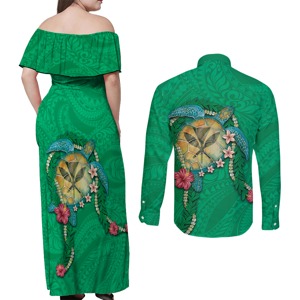 Hawaii Pikake and Maile Lei Couples Matching Off Shoulder Maxi Dress and Long Sleeve Button Shirt Honu Polynesian Pattern Green Color LT03 - Polynesian Pride