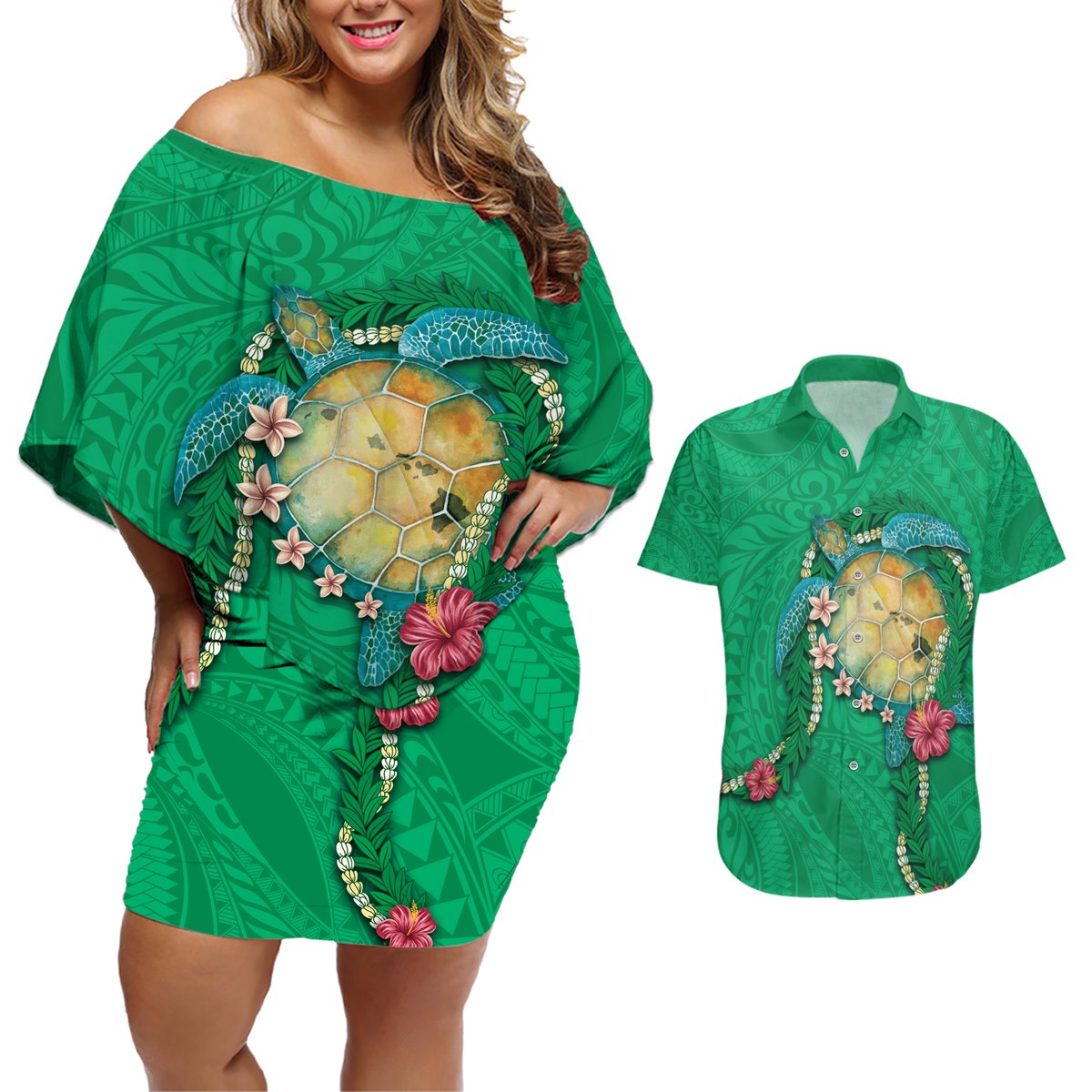 Hawaii Pikake and Maile Lei Couples Matching Off Shoulder Short Dress and Hawaiian Shirt Honu Polynesian Pattern Green Color LT03 Green - Polynesian Pride