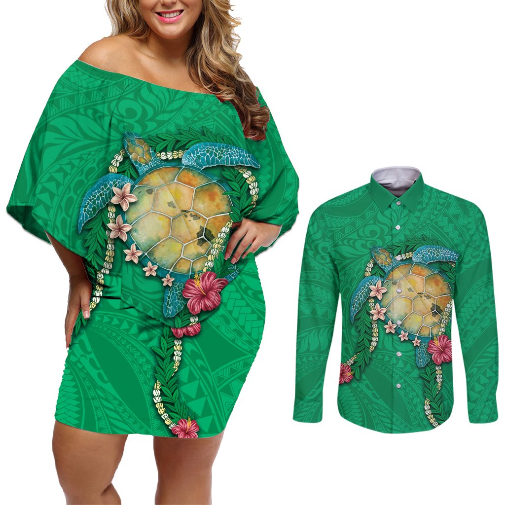 Hawaii Pikake and Maile Lei Couples Matching Off Shoulder Short Dress and Long Sleeve Button Shirt Honu Polynesian Pattern Green Color LT03 Green - Polynesian Pride
