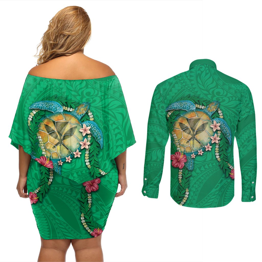 Hawaii Pikake and Maile Lei Couples Matching Off Shoulder Short Dress and Long Sleeve Button Shirt Honu Polynesian Pattern Green Color LT03 - Polynesian Pride