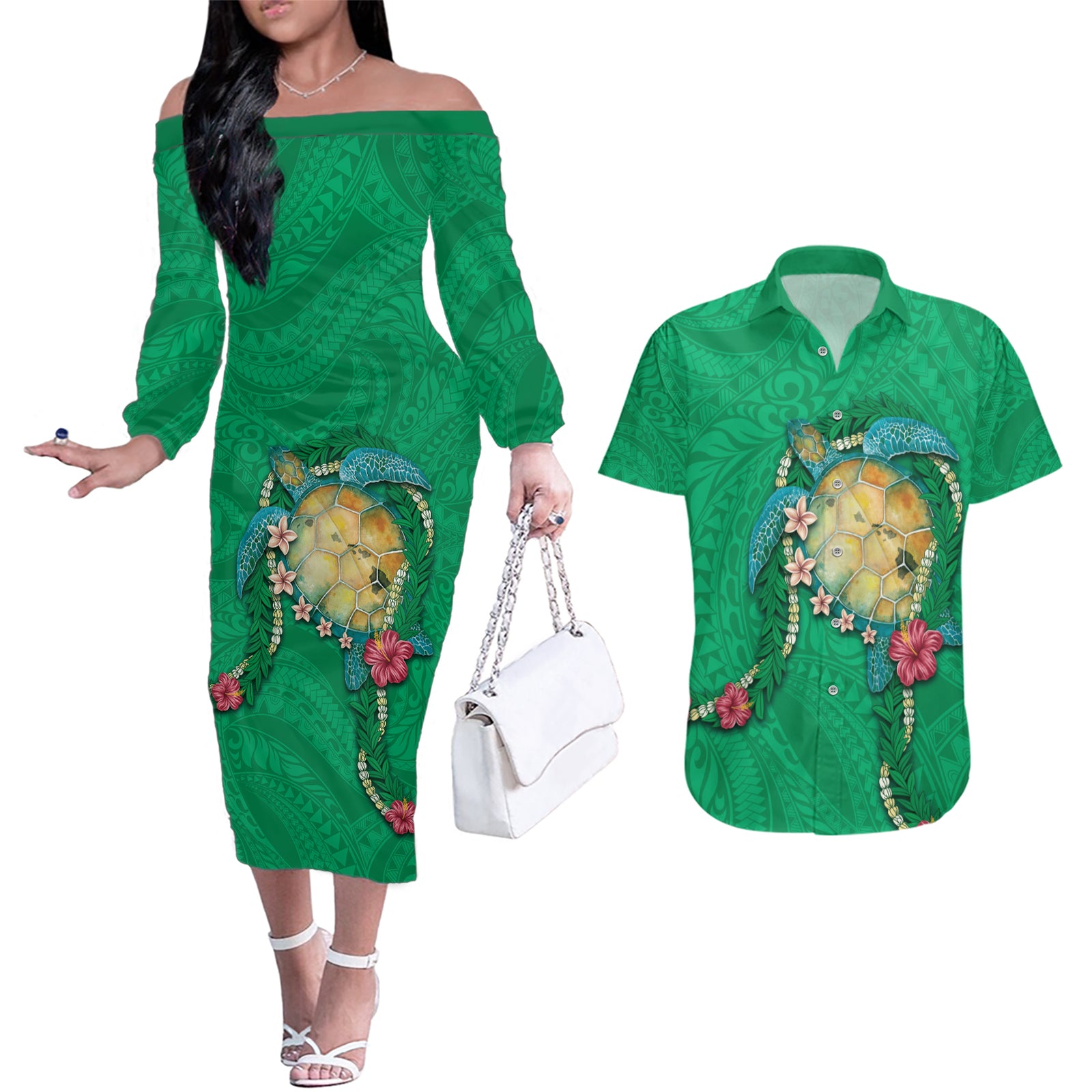 Hawaii Pikake and Maile Lei Couples Matching Off The Shoulder Long Sleeve Dress and Hawaiian Shirt Honu Polynesian Pattern Green Color LT03 Green - Polynesian Pride