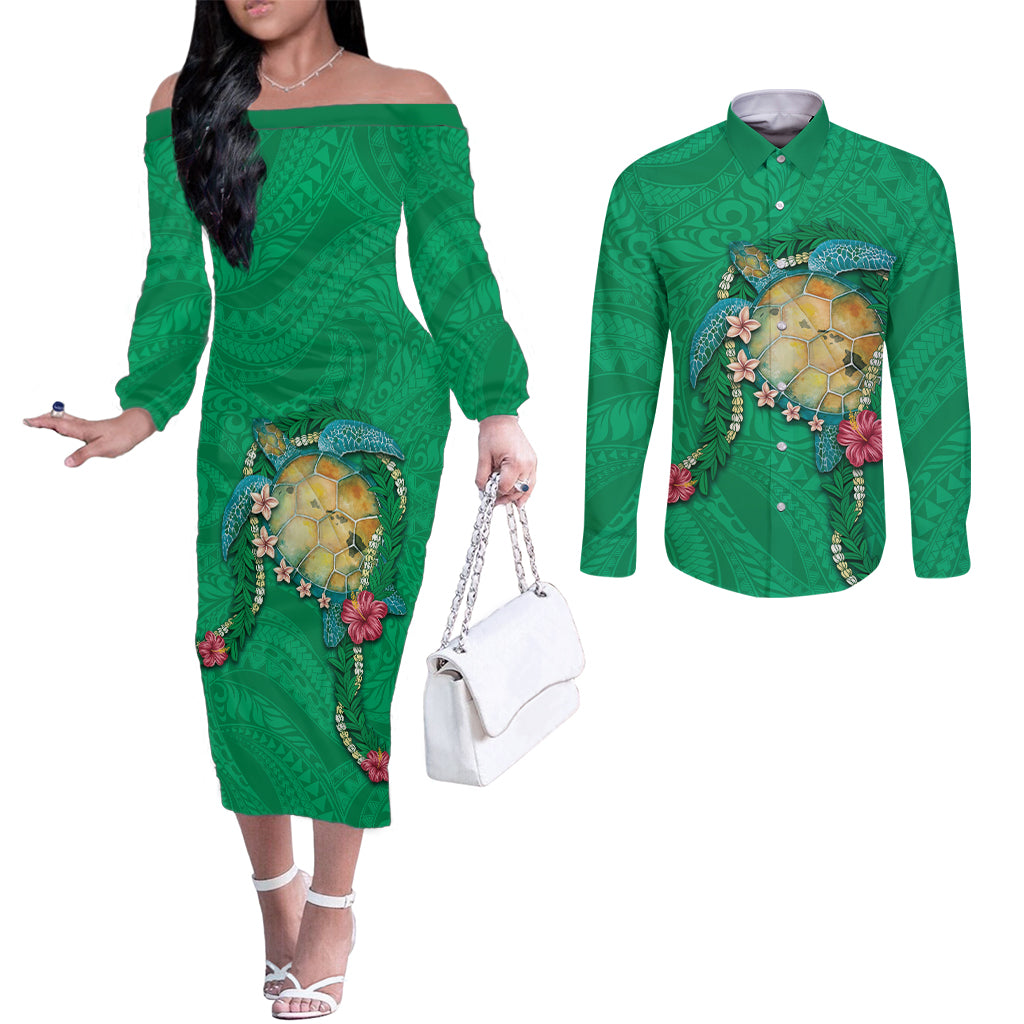 Hawaii Pikake and Maile Lei Couples Matching Off The Shoulder Long Sleeve Dress and Long Sleeve Button Shirt Honu Polynesian Pattern Green Color LT03 Green - Polynesian Pride