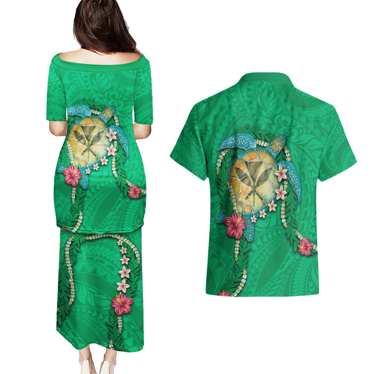 Hawaii Pikake and Maile Lei Couples Matching Puletasi and Hawaiian Shirt Honu Polynesian Pattern Green Color