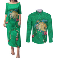 Hawaii Pikake and Maile Lei Couples Matching Puletasi and Long Sleeve Button Shirt Honu Polynesian Pattern Green Color LT03 Green - Polynesian Pride