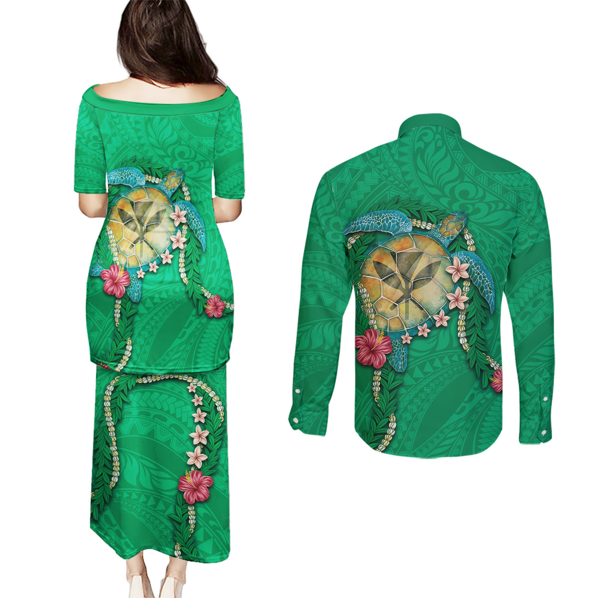 Hawaii Pikake and Maile Lei Couples Matching Puletasi and Long Sleeve Button Shirt Honu Polynesian Pattern Green Color LT03 - Polynesian Pride