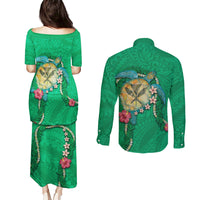 Hawaii Pikake and Maile Lei Couples Matching Puletasi and Long Sleeve Button Shirt Honu Polynesian Pattern Green Color LT03 - Polynesian Pride