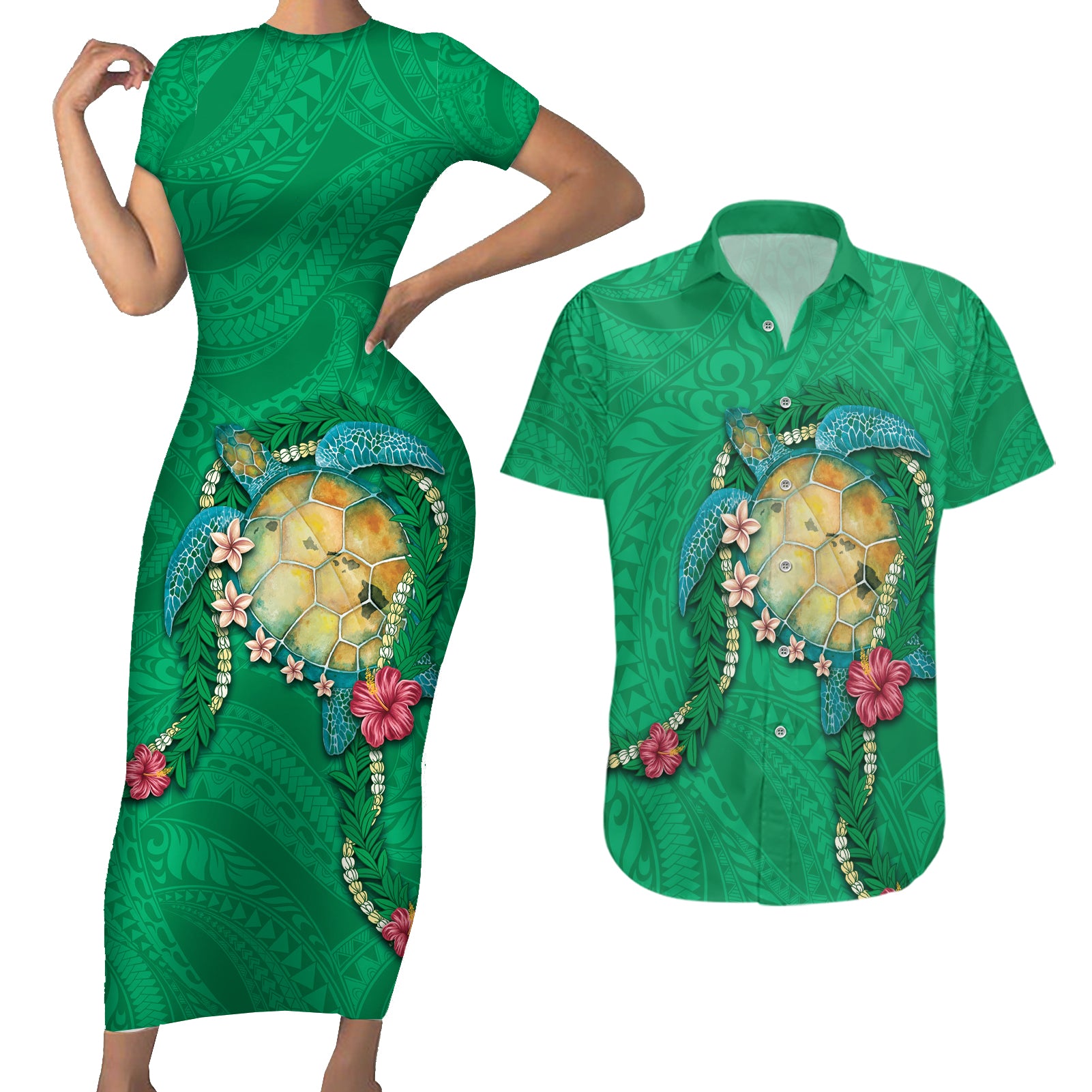 Hawaii Pikake and Maile Lei Couples Matching Short Sleeve Bodycon Dress and Hawaiian Shirt Honu Polynesian Pattern Green Color