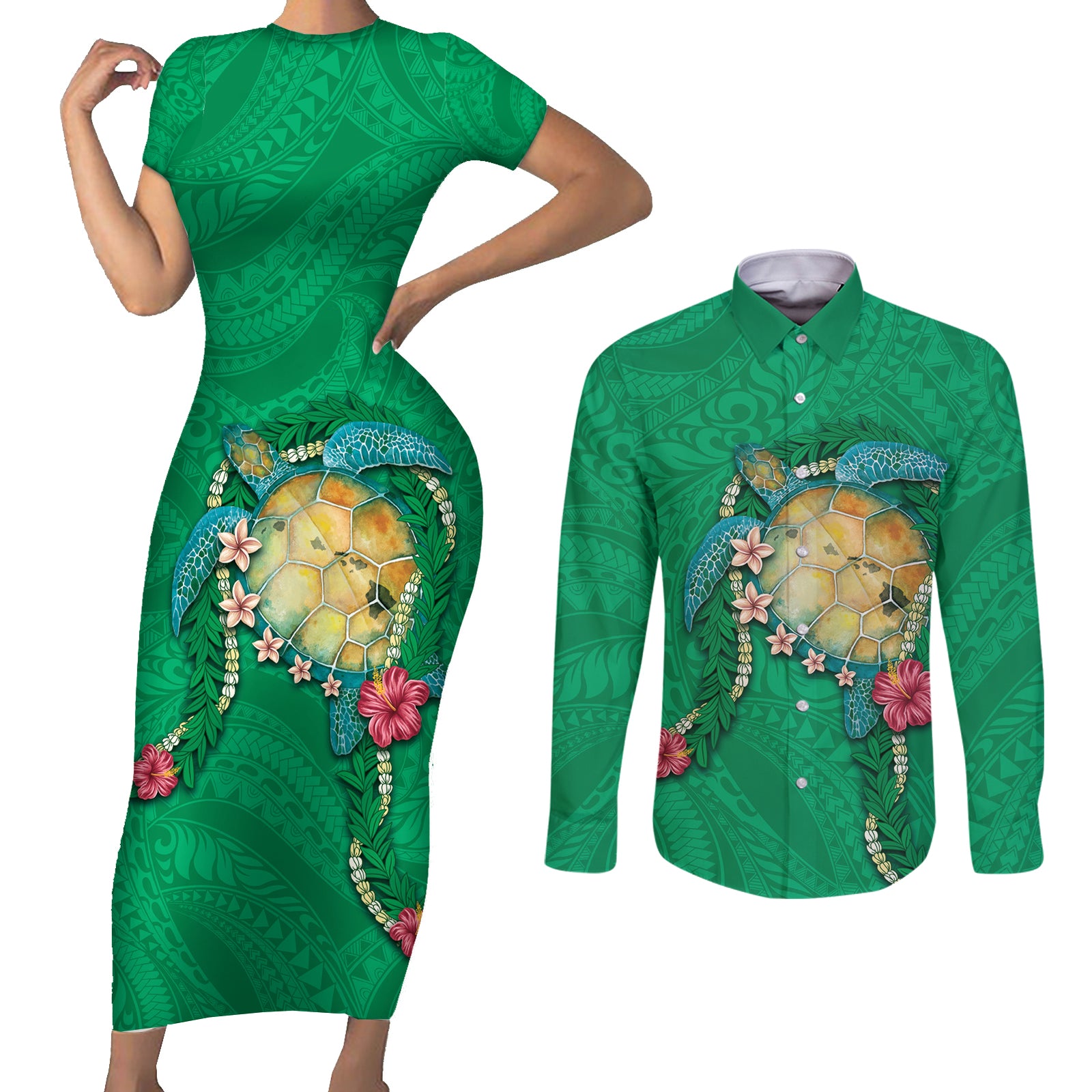 Hawaii Pikake and Maile Lei Couples Matching Short Sleeve Bodycon Dress and Long Sleeve Button Shirt Honu Polynesian Pattern Green Color LT03 Green - Polynesian Pride