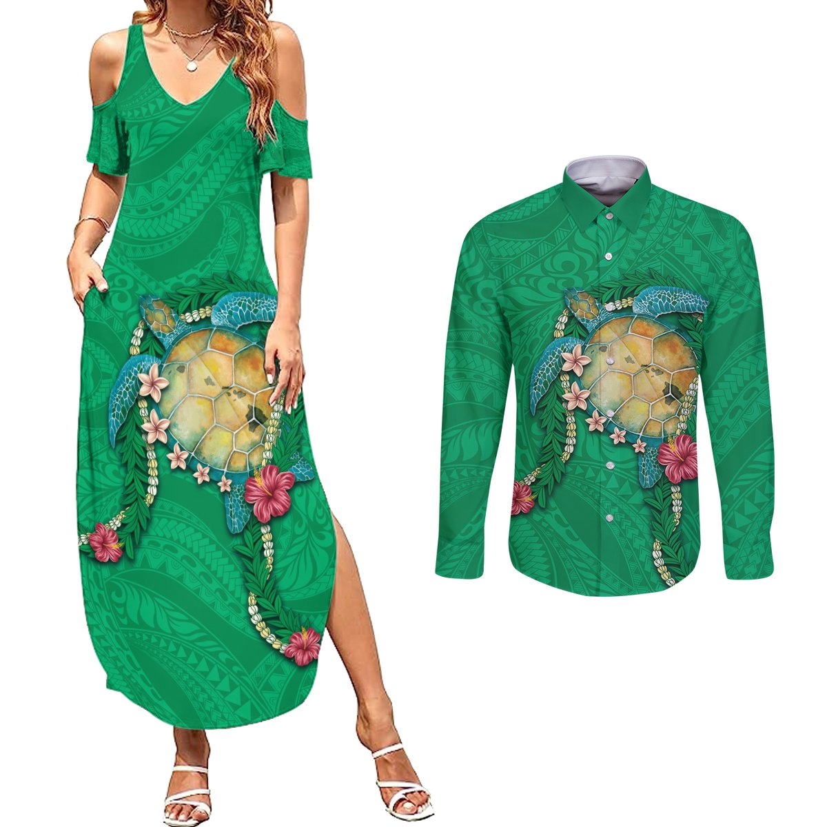 Hawaii Pikake and Maile Lei Couples Matching Summer Maxi Dress and Long Sleeve Button Shirt Honu Polynesian Pattern Green Color LT03 Green - Polynesian Pride