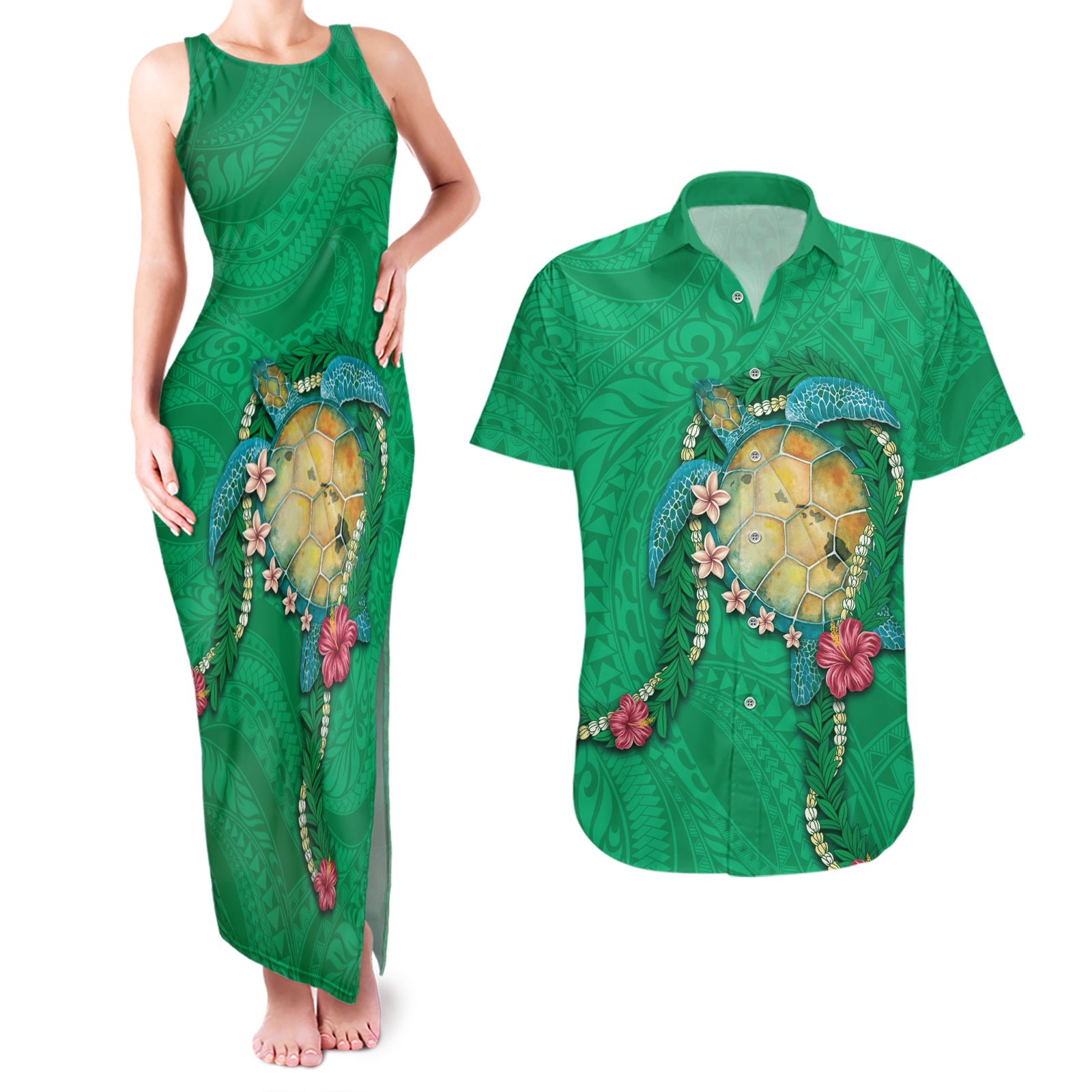Hawaii Pikake and Maile Lei Couples Matching Tank Maxi Dress and Hawaiian Shirt Honu Polynesian Pattern Green Color LT03 Green - Polynesian Pride