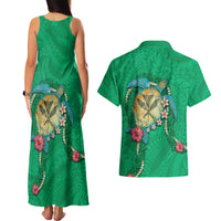 Hawaii Pikake and Maile Lei Couples Matching Tank Maxi Dress and Hawaiian Shirt Honu Polynesian Pattern Green Color LT03 - Polynesian Pride