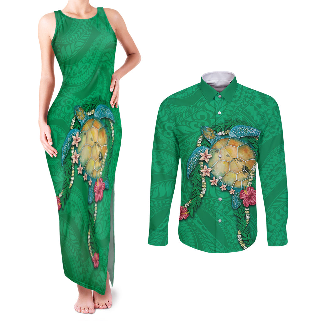 Hawaii Pikake and Maile Lei Couples Matching Tank Maxi Dress and Long Sleeve Button Shirt Honu Polynesian Pattern Green Color LT03 Green - Polynesian Pride