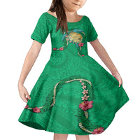 Hawaii Pikake and Maile Lei Family Matching Long Sleeve Bodycon Dress and Hawaiian Shirt Honu Polynesian Pattern Green Color