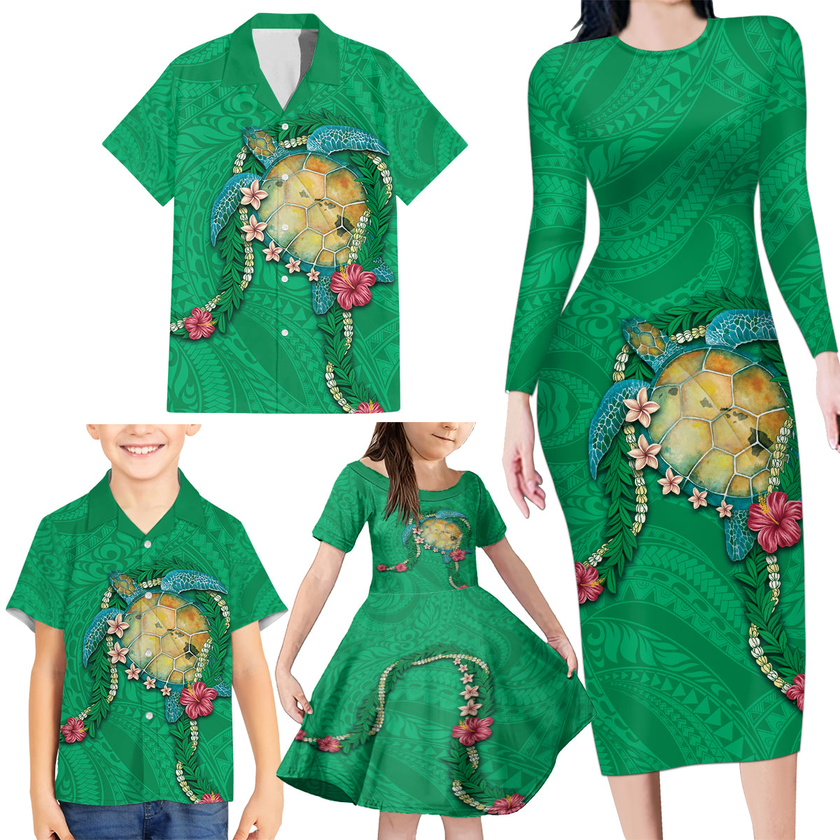 Hawaii Pikake and Maile Lei Family Matching Long Sleeve Bodycon Dress and Hawaiian Shirt Honu Polynesian Pattern Green Color