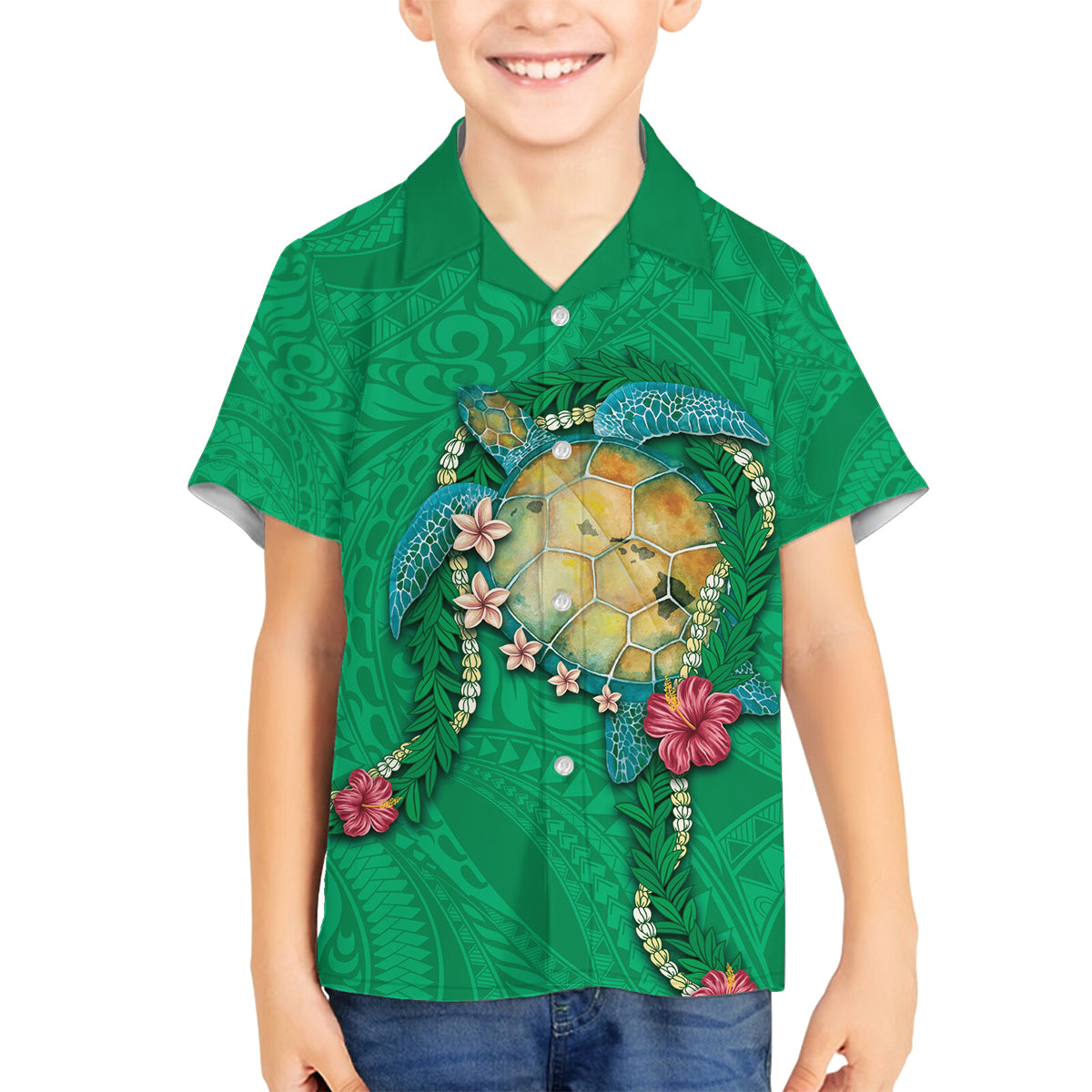 Hawaii Pikake and Maile Lei Family Matching Long Sleeve Bodycon Dress and Hawaiian Shirt Honu Polynesian Pattern Green Color