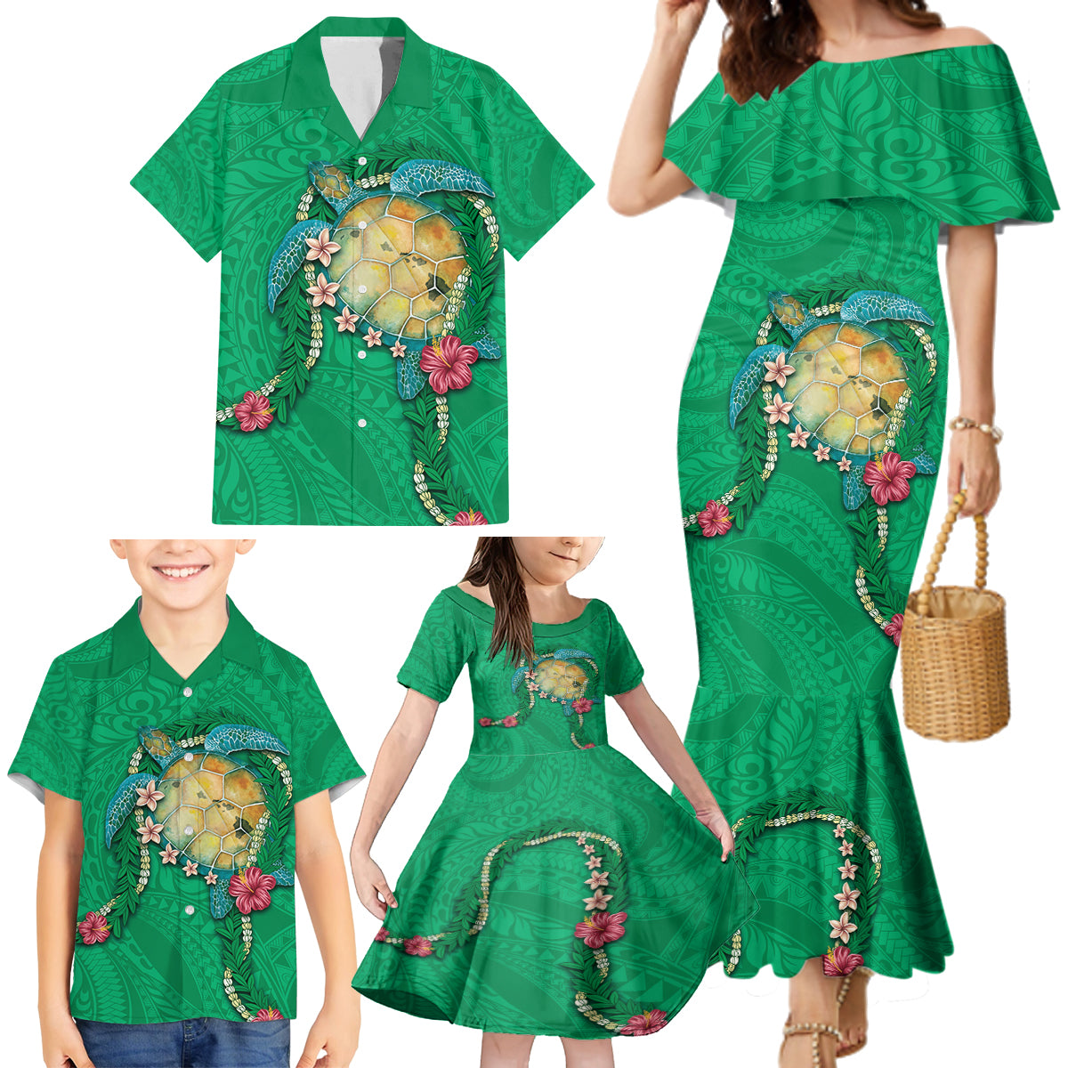 Hawaii Pikake and Maile Lei Family Matching Mermaid Dress and Hawaiian Shirt Honu Polynesian Pattern Green Color