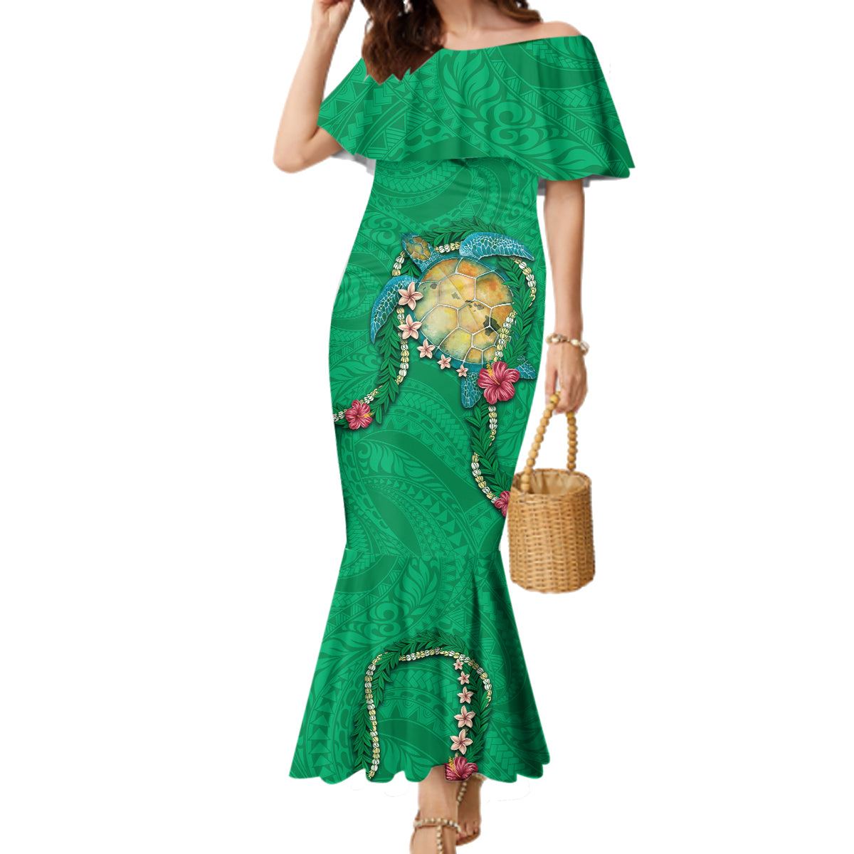 Hawaii Pikake and Maile Lei Family Matching Mermaid Dress and Hawaiian Shirt Honu Polynesian Pattern Green Color