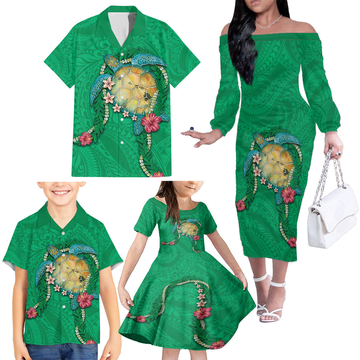 Hawaii Pikake and Maile Lei Family Matching Off The Shoulder Long Sleeve Dress and Hawaiian Shirt Honu Polynesian Pattern Green Color