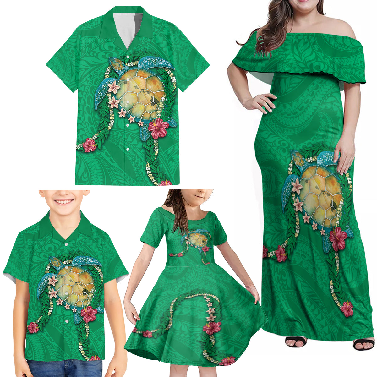Hawaii Pikake and Maile Lei Family Matching Off Shoulder Maxi Dress and Hawaiian Shirt Honu Polynesian Pattern Green Color LT03 - Polynesian Pride